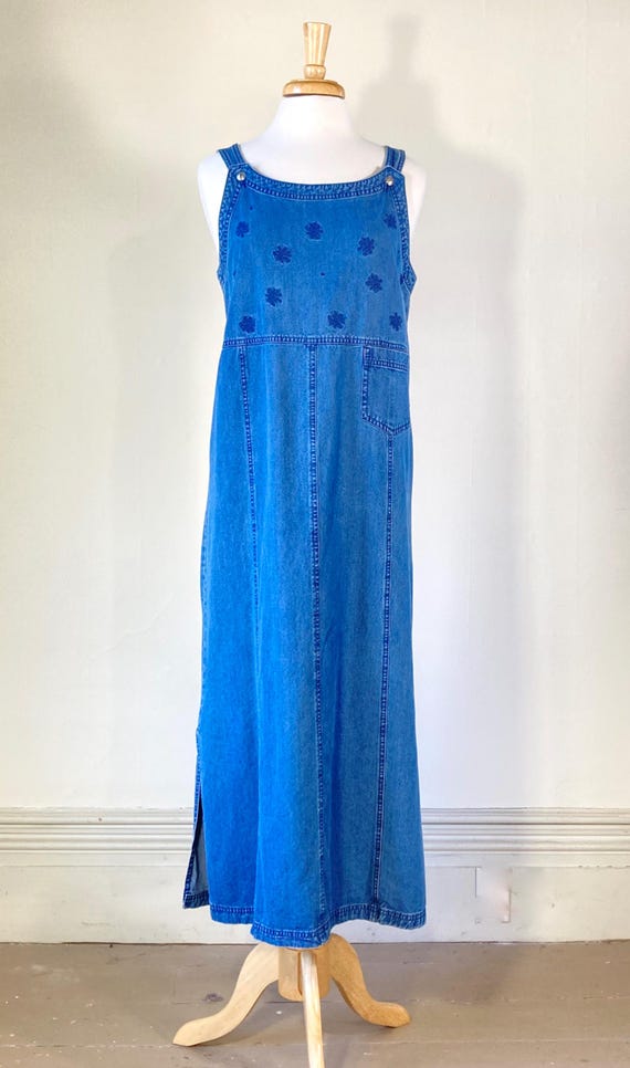 90s Vintage Cherokee Denim Dress - Embroidered Denim Blue Maxi Dress - Overalls Dress - Jumper Dress