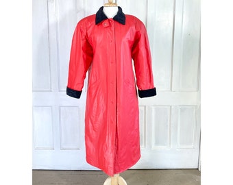 Vintage 80s 90s Rain Coat - All Weather Slicker - Red Duster Coat - Plaid Flannel Lining -Vintage Misty Harbor