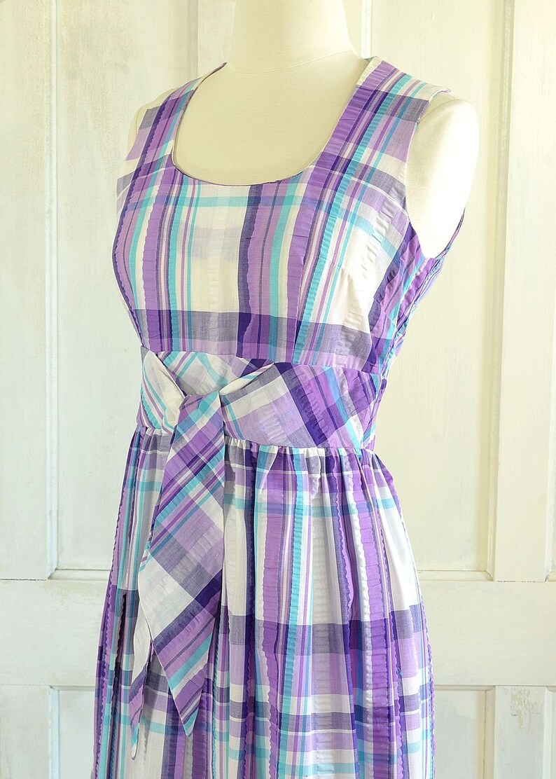 70s Vintage Plaid Seersucker Maxi Dress - 60s Mod Preppy Dress - small image 5