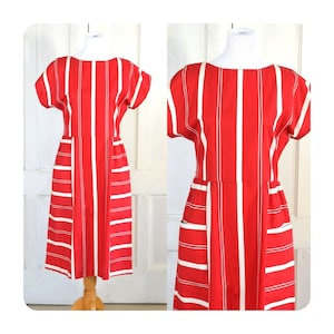 80s Vintage Striped Dress - Red and White Graphic Stripes - Loose Boxy Dress - Dress with Pockets