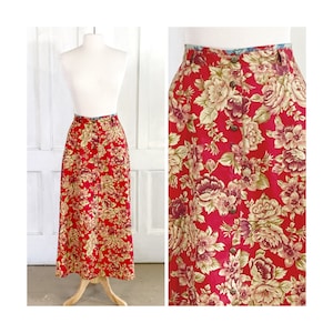 Vintage Midi Skirt - 90s Liz Claiborne Floral Skirt - High Waisted Button Front Cotton Maxi Skirt - 31 inch waist