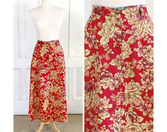 Vintage Midi Skirt - 90s Liz Claiborne Floral Skirt - High Waisted Button Front Cotton Maxi Skirt - 31 inch waist