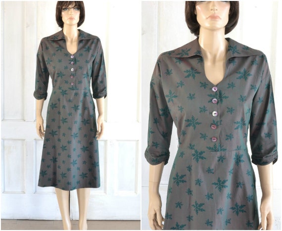 50s Fern Print Dress - Cotton Shirtdress