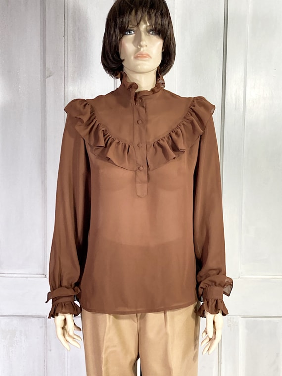 80s Vintage Ruffled Blouse - 70s Semi Sheer Blouse - Brown