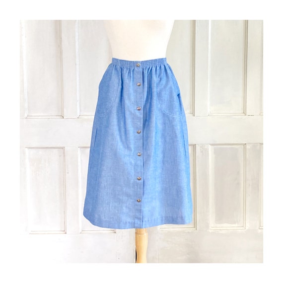 80s Vintage Blue Chambray Skirt - Faux Button Fro… - image 1