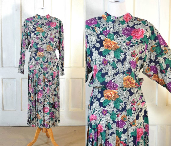 80s Vintage Rose Print Rayon Dress - Deco Style 80