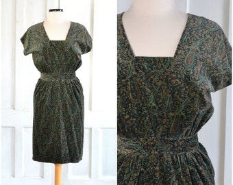 Vintage Open Back Velvet Dress - 80s Paisley Velveteen Apron Pinafore Dress