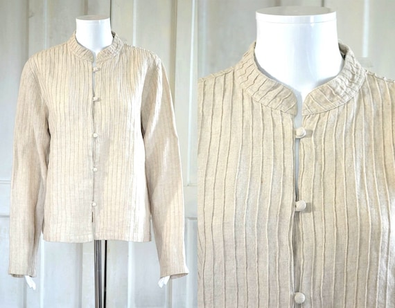 Vintage Linen Jacket Top - Natural Flax Color - P… - image 1
