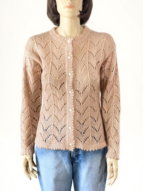Vintage 70s Mohair Cardigan Sweater - JG Hook Pointelle Lace Knit
