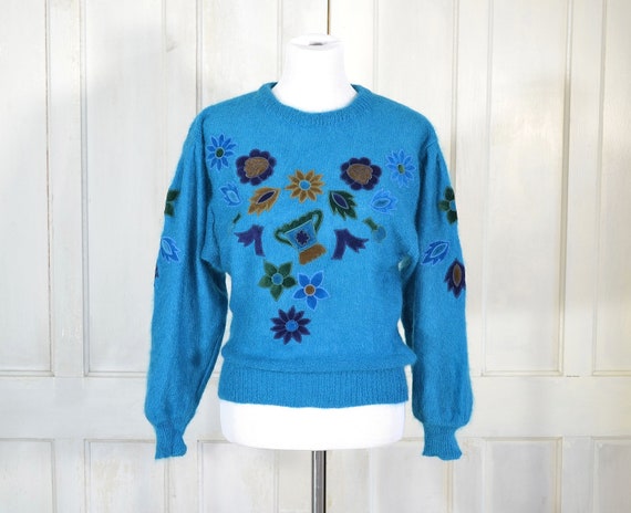 80s Vintage Escada Mohair Sweater - Floral Appliqu