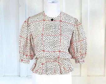 80-tals vintage sidenblus - 1980-tals puffärmad peplumblus - Maggy London-blus