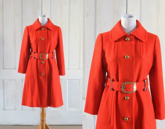 60s MOD Wool Coat - 60s Tomato Red Trench Coat