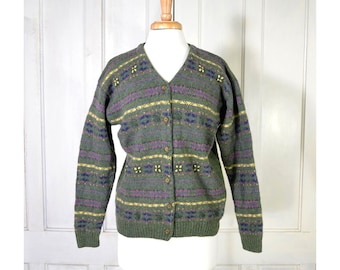 Vintage Wool Fair Isle Cardigan - 90s Wool Sweater - Embroidered Sweater