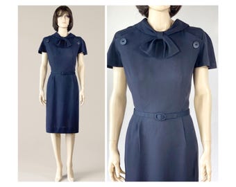 Vintage 1950s Black Dress - 50s Pencil Dress - Little Black Dress - Bow Collar - Mid Century Classic