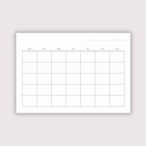 Peut inclure: Un planificateur mensuel blanc minimaliste avec une mise en page en grille. Les jours de la semaine sont listés en haut, avec les chiffres 1 à 12 au-dessus de la grille. Le planificateur est posé sur un fond neutre.