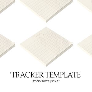 May include: Off-white sticky notes with grid and line patterns. The word "TRACKER" is printed at the top of some notes. The text "TRACKER TEMPLATE" and "STICKY NOTE | 3" x 3"" are displayed below the notes.