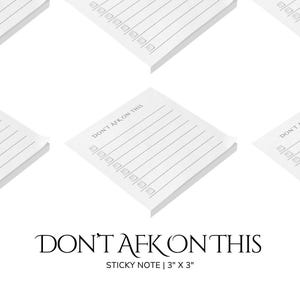 Könnte beinhalten: Weiße Haftnotizen mit dem Text "DON'T AFK ON THIS" und einem Checklisten-Design. Jedes Pad misst 7,6 cm x 7,6 cm. Die Notizen haben Linien zum Schreiben und kleine Kästchen zum Abhaken.