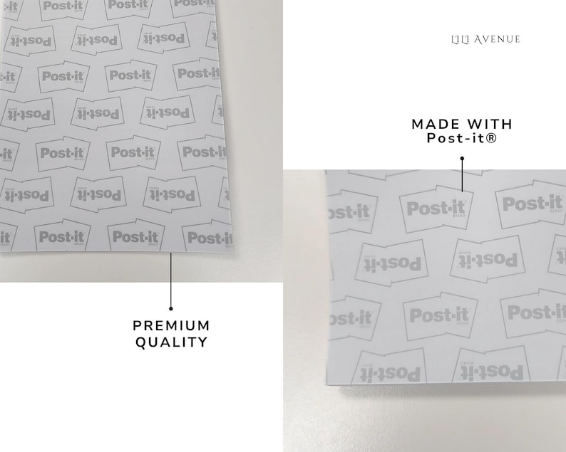 May include: A light gray paper surface featuring a repeating pattern of the Post-it logo in white. The image includes the text LIQ AVENUE, MADE WITH Post-it, and PREMIUM QUALITY with lines pointing to the paper surface.