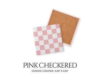 Pink Checkered Ceramic Coaster Pink Housewarming Gifts Drink Coasters with Cork Backing One of a Kind Ceramic Tea Coaster