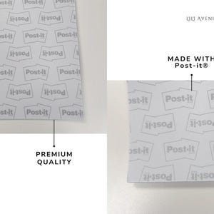 May include: A light gray surface featuring a repeating pattern of the Post-it brand logo. The image includes text labels pointing to the material, stating PREMIUM QUALITY and MADE WITH Post-it, along with the brand name LILI AVENUE at the top.