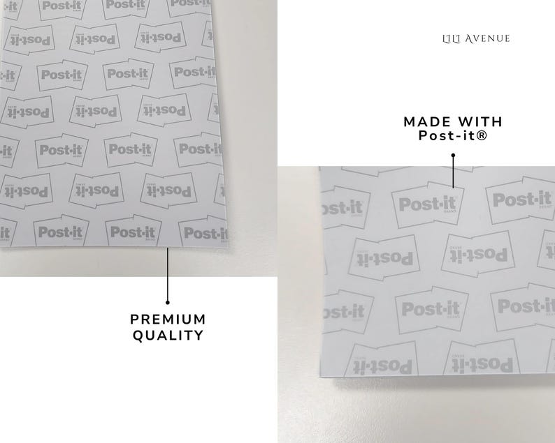 May include: A light gray surface featuring a repeating pattern of the Post-it brand logo. The image includes text labels pointing to the material, stating PREMIUM QUALITY and MADE WITH Post-it, along with the brand name LILI AVENUE at the top.