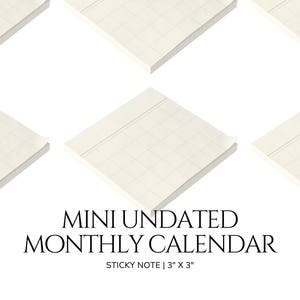 Peut inclure: Cinq notes adhésives blanches avec un motif quadrillé et une ligne rouge. Les notes sont disposées en forme de losange. Le texte "MINI UNDATED MONTHLY CALENDAR STICKY NOTE | 3" X 3" " est situé sous les notes.
