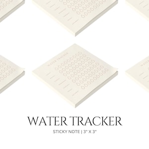 Op de afbeelding: Een set van vier beige kleefnotities met een watertracker-ontwerp. Elke notitie heeft een raster met regendruppels en de tekst "WATER TRACKER". De notities zijn 3 inch bij 3 inch.