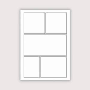 May include: A blank comic book page with five rectangular panels outlined in black. The panels are arranged in a grid-like layout, ready for illustrations and text. The page is white, with a light beige background.