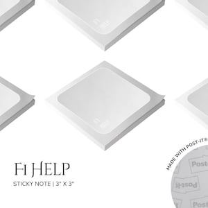 May include: A stack of light gray Post-it notes, each with a square design and rounded corners. The text "FI HELP" is printed on the notes. The product is labeled as a sticky note, measuring 3 inches by 3 inches.