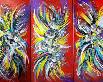 3 piece canvas wall art, chinese dragon, animal, landscape painting, large scale painting, very large artwork, triptych art (three 15"x30")