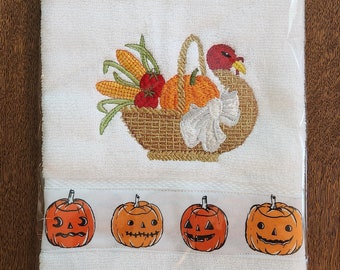 Turkey and pumpkins embroidered towel, Thanksgiving kitchen decor, Thanksgiving hostess gift, housewarming gift, hostess gift