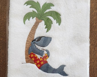 Shark Week gift, Jaws Inspired gift,  shark lover gift, embroidered shark towel, shark week party, beach themed decor towel