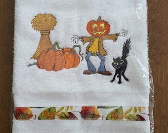 Fall Decor Kitchen or Bath Embroidered Towels, Hostess Gift, Housewarming Gift, Halloween Decor, Pumpkin Scarecrow Towel, Thanksgiving