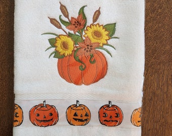 pumpkin with flowers towel, Halloween embroidered towel, Embroidered towel for fall autumn