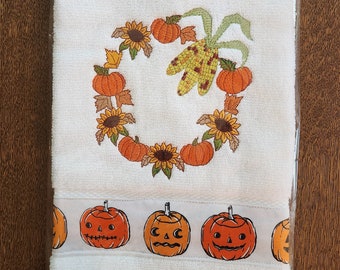 Fall Decor Kitchen or Bath Embroidered Towel, Hostess Gift, Housewarming Gift, Halloween Decor, fall wreathe Towel, Thanksgiving Decor
