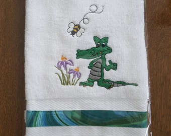 Alligator embroidered hand towel, funny alligator  gift, beach decor, beach themed bathroom gift, beach themed kitchen gift, lake decor