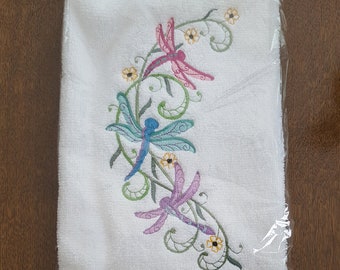 Dragonfly hand towel, dragonfly decor, multi-color dragonflies towel, dragonfly gift for Mom, embroidered dragonfly towel