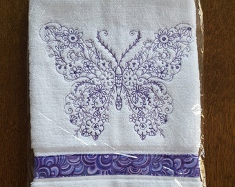 Unique lavender butterfly embroidered hand towel, lavender embroidered towel, butterfly decor, butterfly houswarming gift, gardener gift