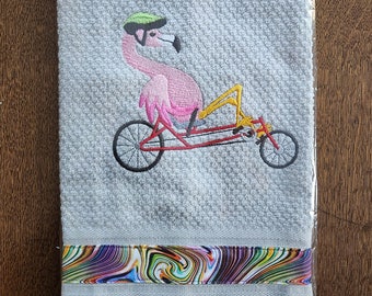 bicycle Flamingo Grey Towel, gift for bicycler, Hostess Gift - Housewarming Gift, gift for biker, Birthday Gift for Mom, Gift for bicycler