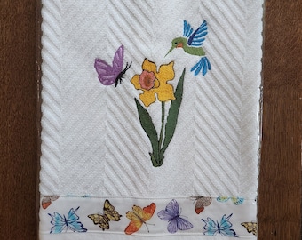 Spring flowers hand towel, spring kitchen towel, spring bathroom towel, daffodils on towel, butterflies on towel