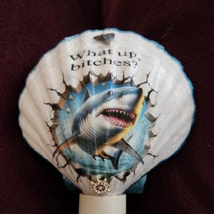 May include: A decorative night light featuring a seashell design with a shark graphic. The image includes the text "What up bitches?" The night light has a white base and a decorative jewel.