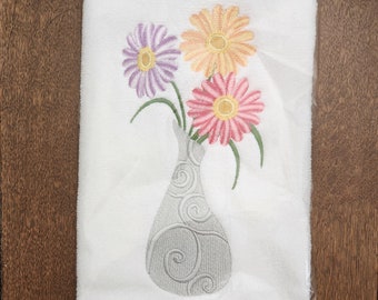 Flowers in vase embroidered hand towel, gardener gift hand towel, bridal gift hand towel, housewarming gift hand towel