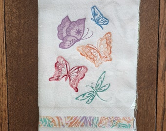 Multicolored embroidered butterflies on hand towel, butterfly decor, butterfly housewarming gift, gardener gift, gift under 30 for woman