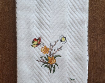 Spring flowers hand towel, spring kitchen towel, spring bathroom towel, daffodils on towel, butterflies on towel, hummingbird gift towel