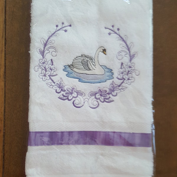 Swan hand towel, bridal gift for kitchen or bath, lakehouse decor, elegant bathroom towel, unique swan decor, unique housewarming gift