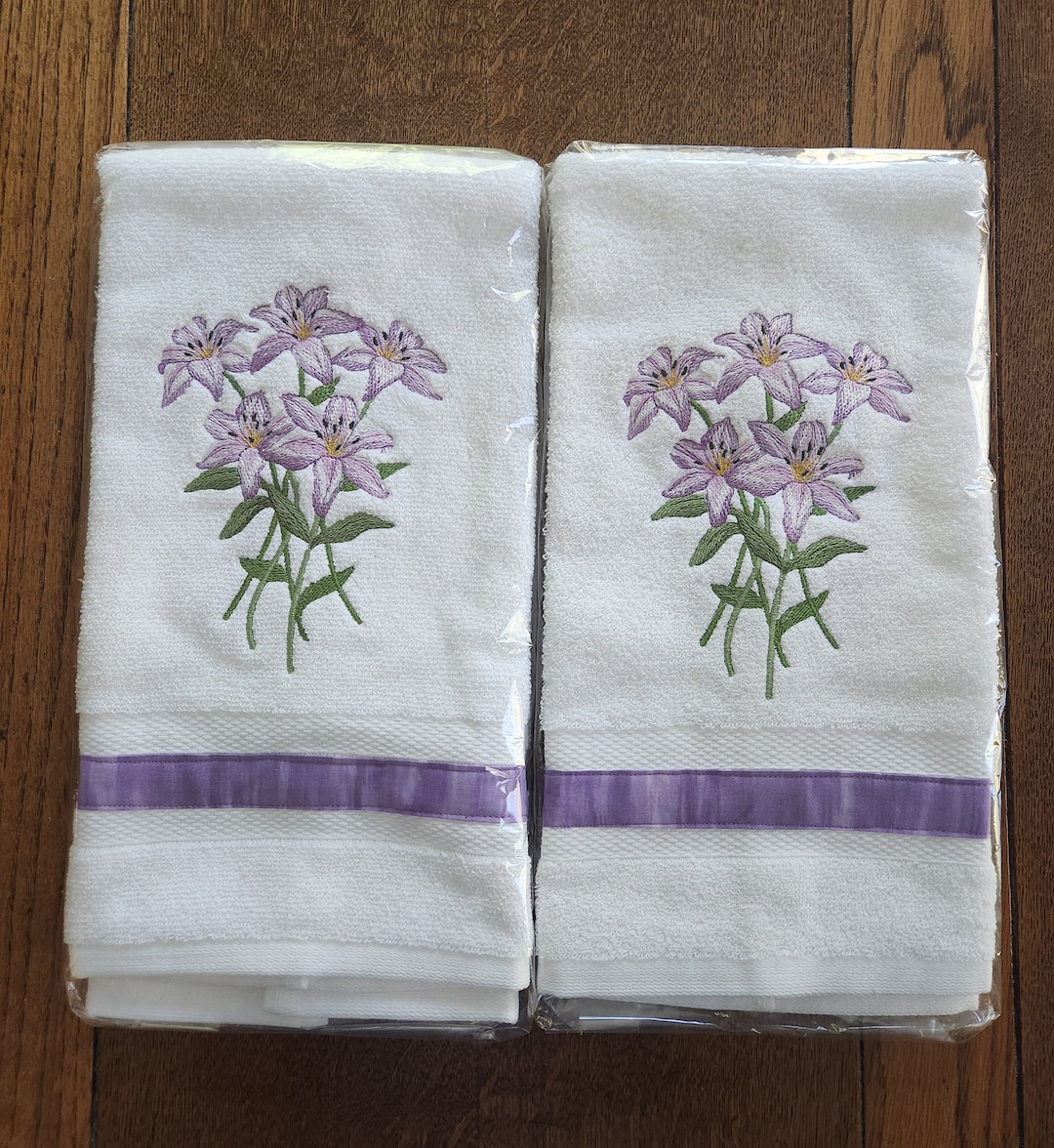 2 Lavender Lily Flowers Hand Towels, Matching Pair of Lavender Hand