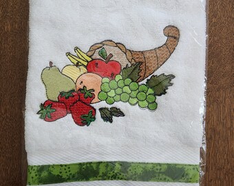 Cornucopia embroidered towel, Thanksgiving kitchen decor, Thanksgiving hostess gift