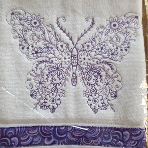 Unique lavender butterfly embroidered hand towel, lavender embroidered towel, butterfly decor, butterfly houswarming gift, gardener gift image 2
