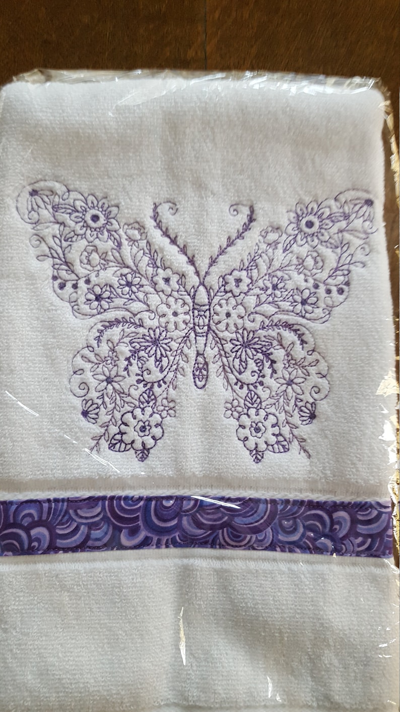 Unique lavender butterfly embroidered hand towel, lavender embroidered towel, butterfly decor, butterfly houswarming gift, gardener gift image 2