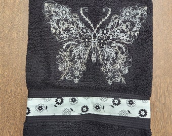 Unique white butterfly embroidered on black hand towel, butterfly decor, butterfly houswarming gift, gardener gift, bridal gift